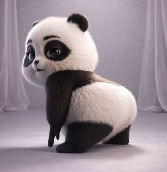 Lumi, a stylized 3D baby panda looking playfully over her shoulder